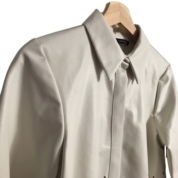 ZARA Ecru Natural Soft Faux Leather Collared Cutout Overshirt Top Small - Picture 3 of 8